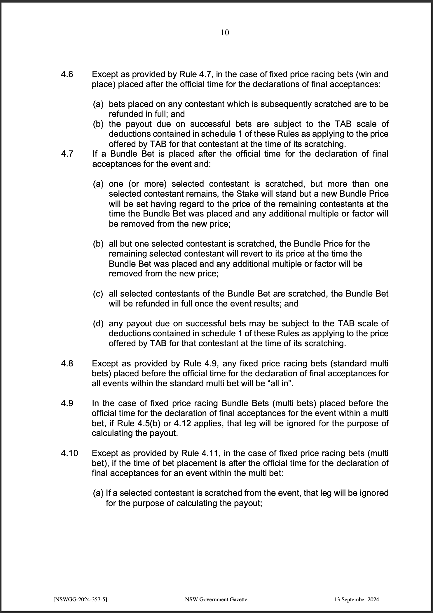 TAB Limited Fixed Price Racing Betting Rules
