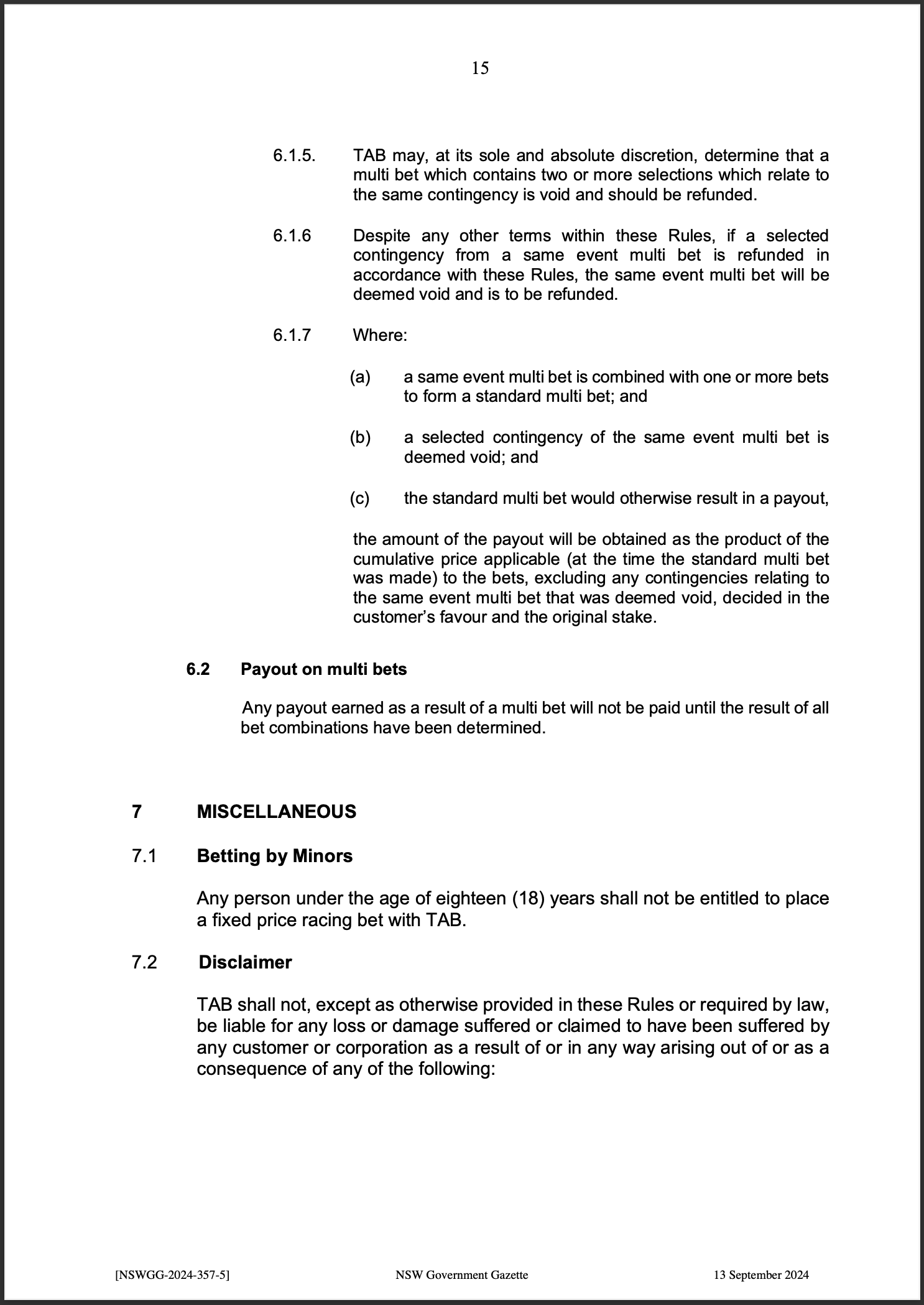 TAB Limited Fixed Price Racing Betting Rules