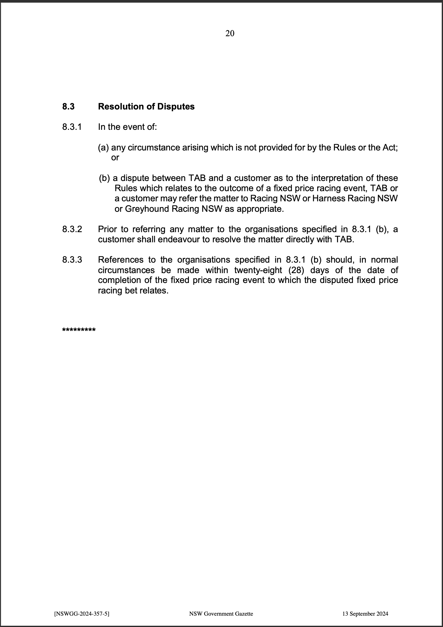 TAB Limited Fixed Price Racing Betting Rules