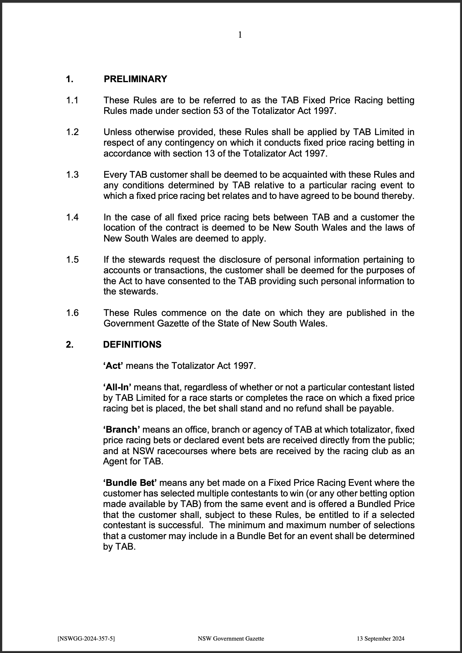 TAB Limited Fixed Price Racing Betting Rules