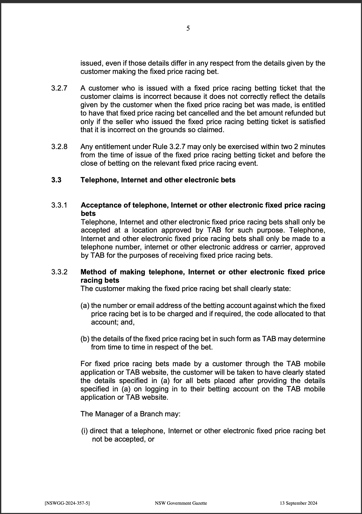 TAB Limited Fixed Price Racing Betting Rules