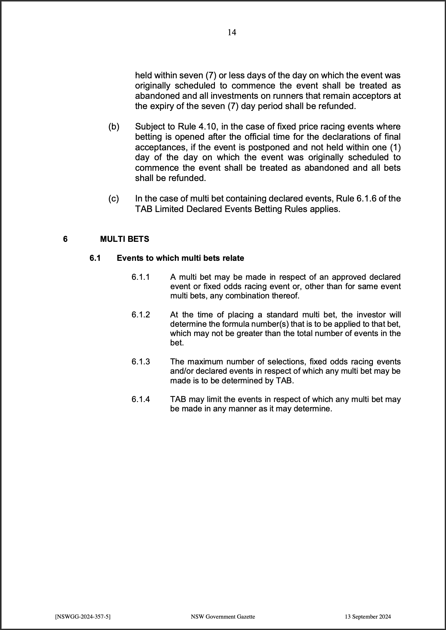 TAB Limited Fixed Price Racing Betting Rules