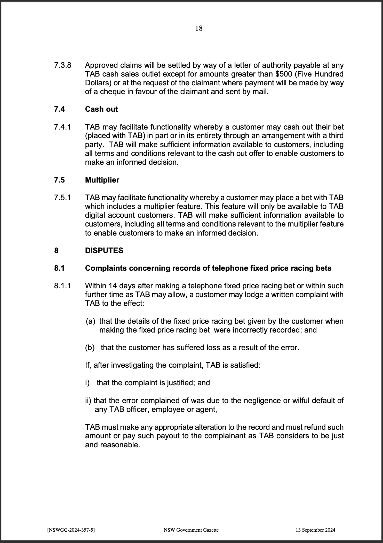 TAB Limited Fixed Price Racing Betting Rules