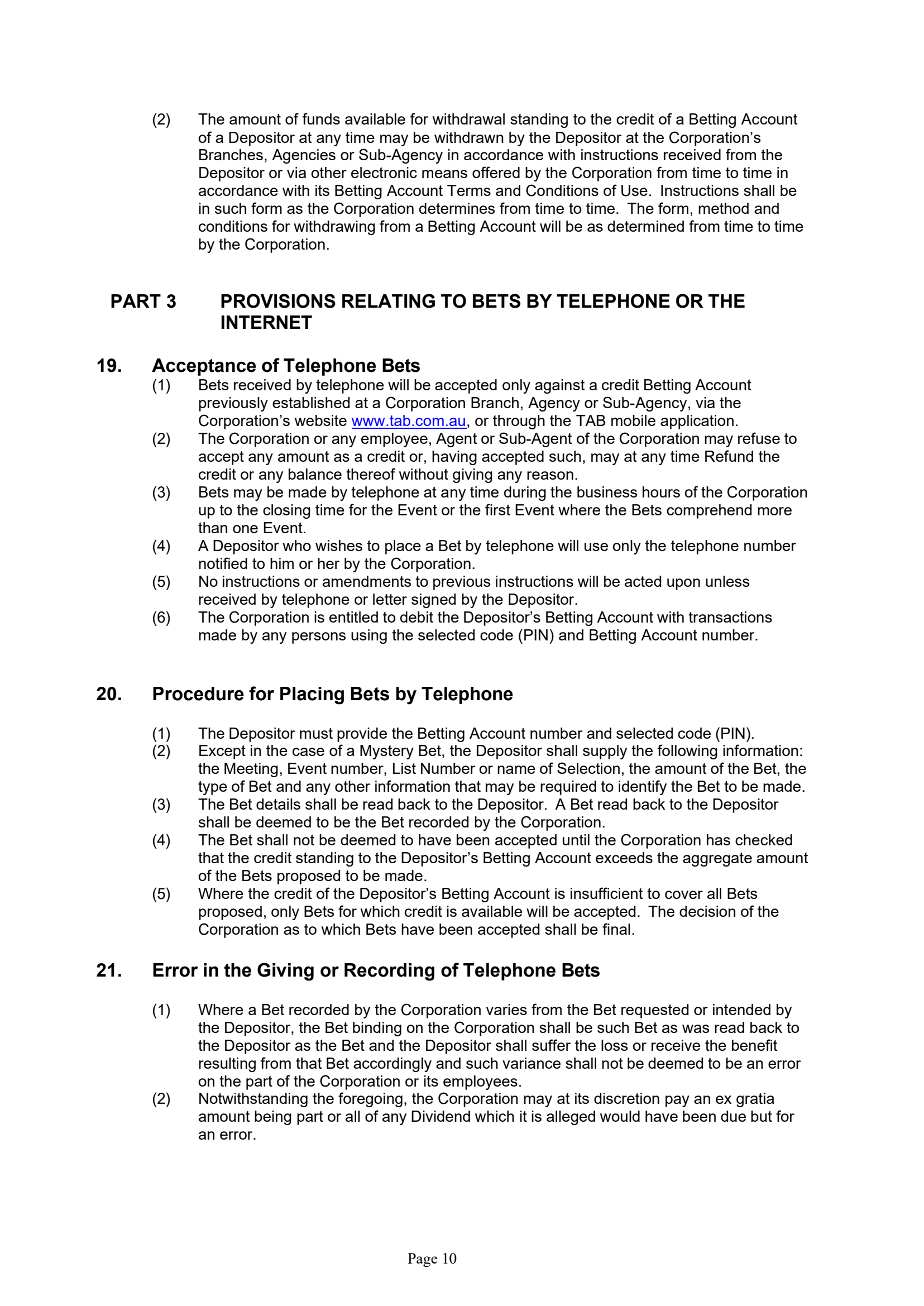Tabcorp ACT Pty Ltd Totalisator Rules (Racing)