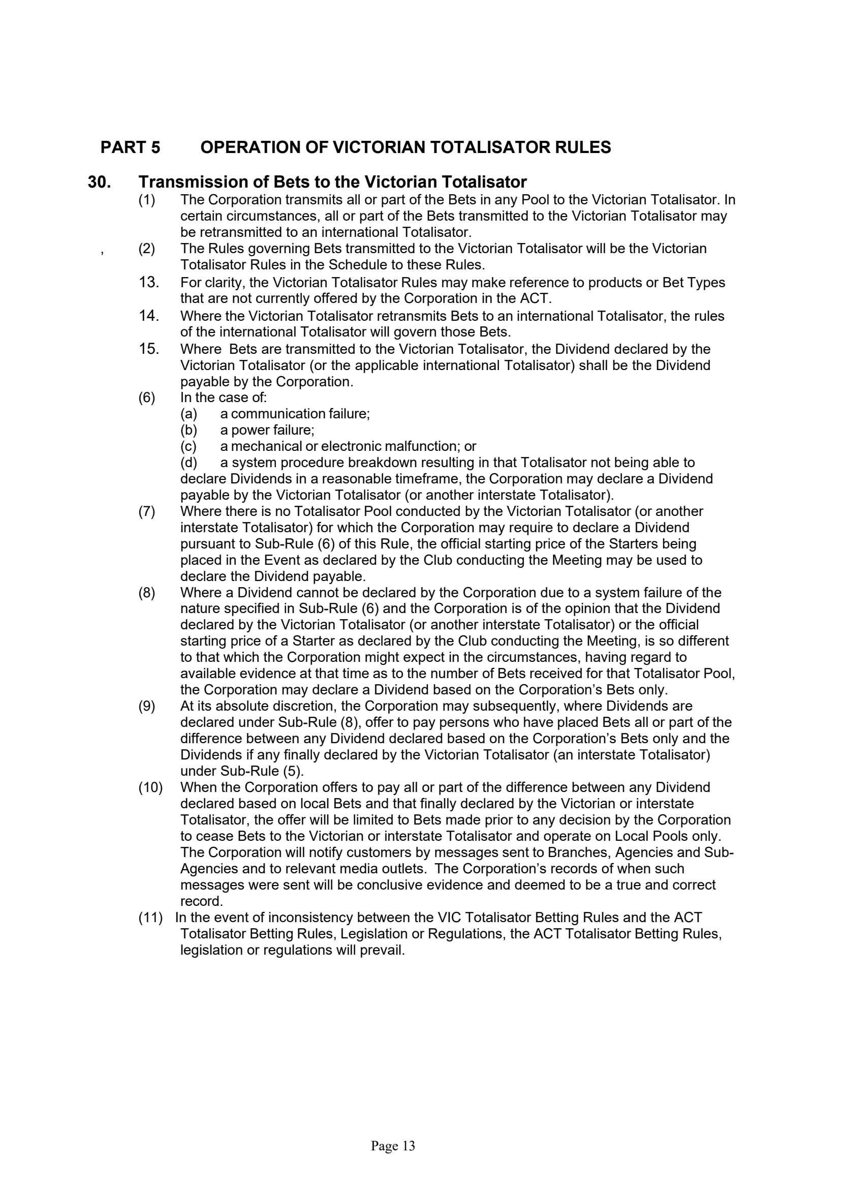 Tabcorp ACT Pty Ltd Totalisator Rules (Racing)