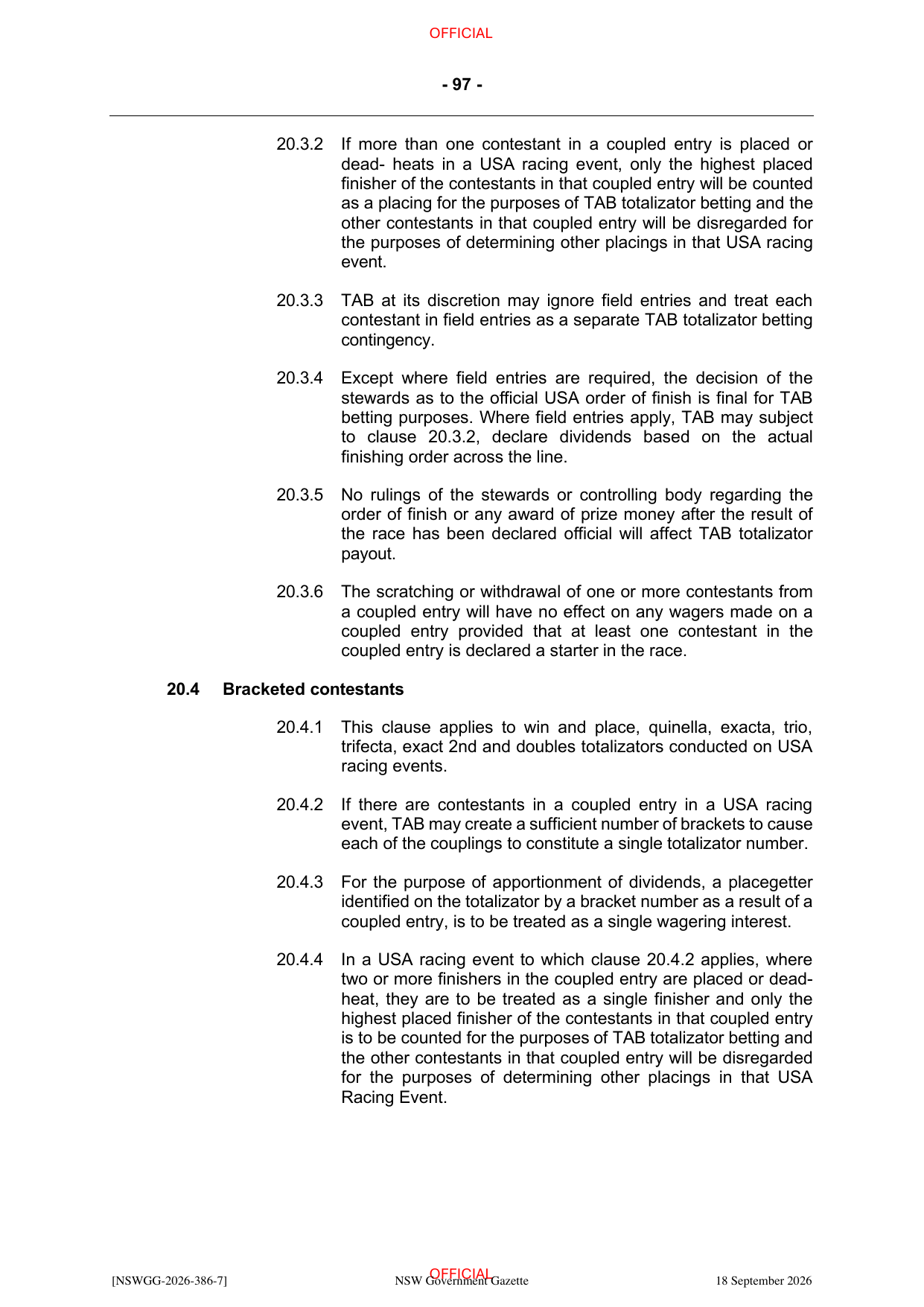 NSW Totalizator Betting Rules (Racing), page 101