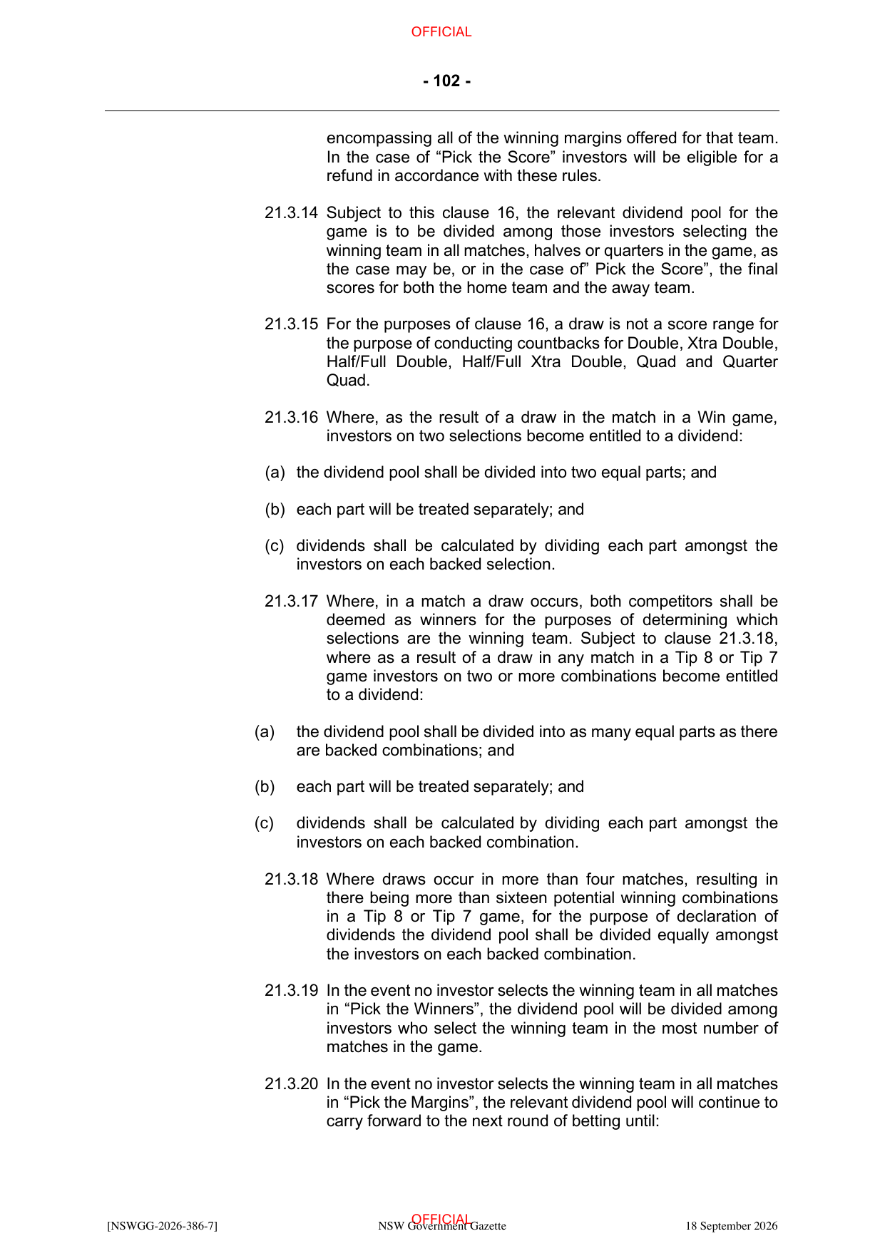 NSW Totalizator Betting Rules (Racing), page 106