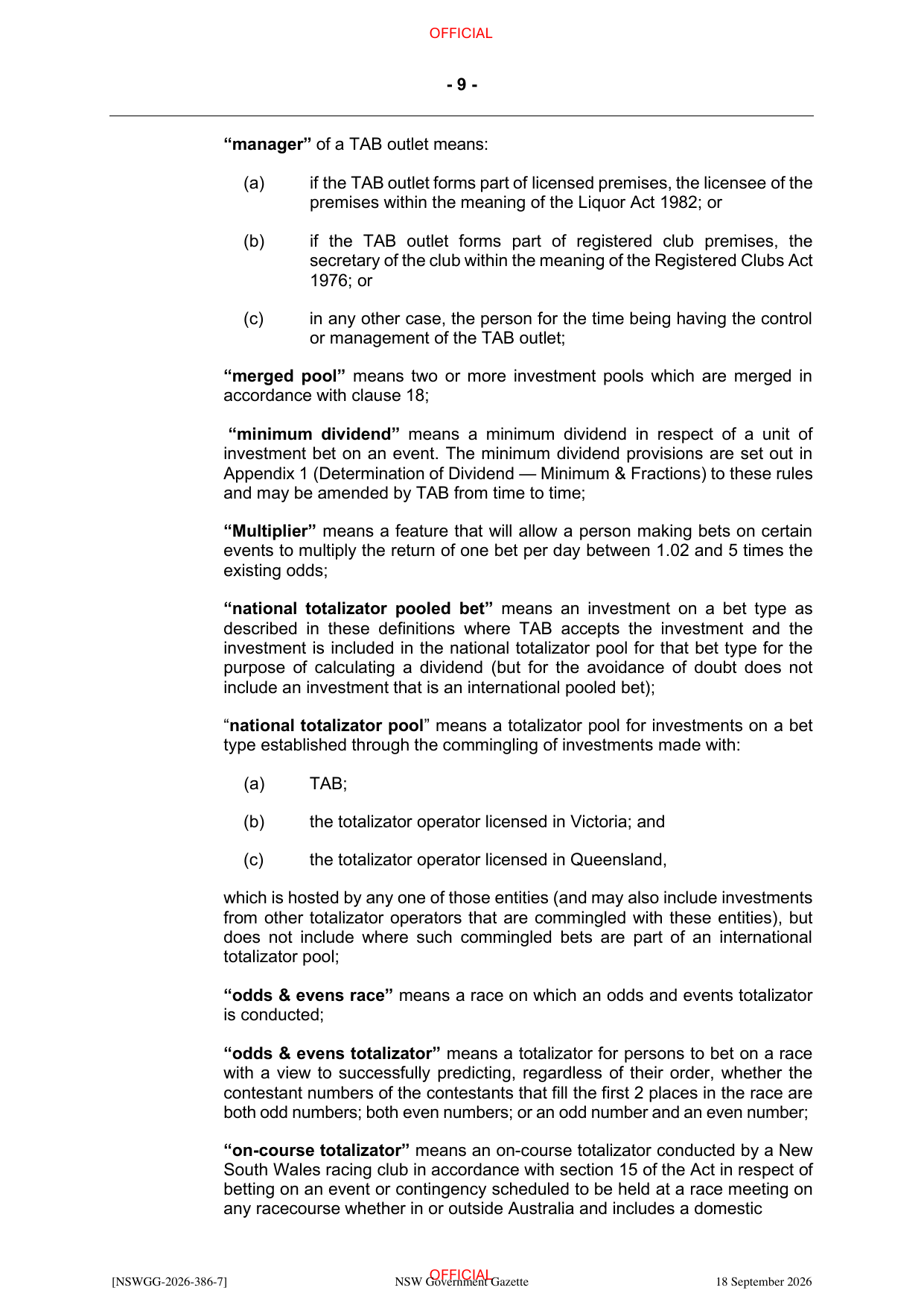 NSW Totalizator Betting Rules (Racing), page 13