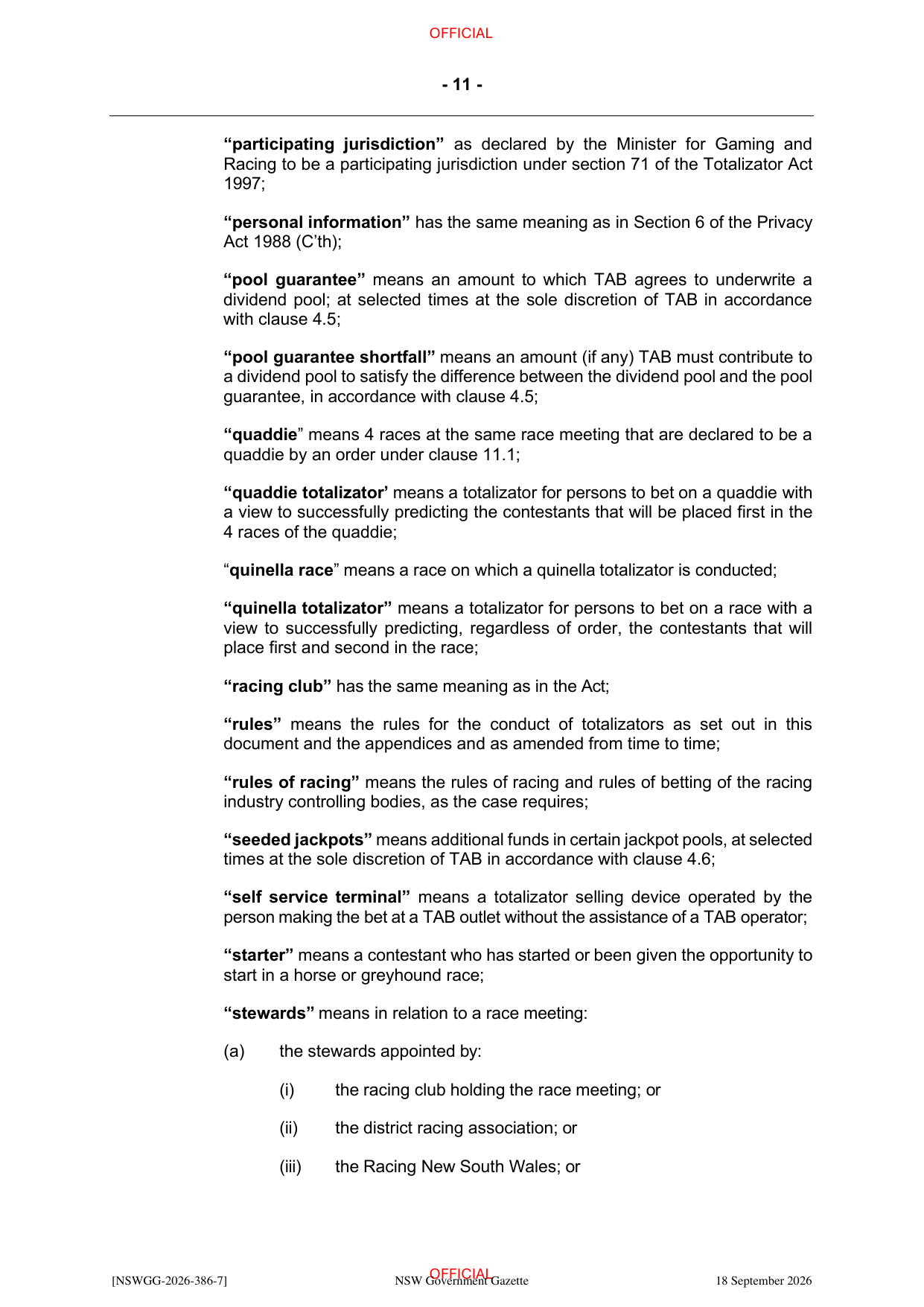 NSW Totalizator Betting Rules (Racing), page 15