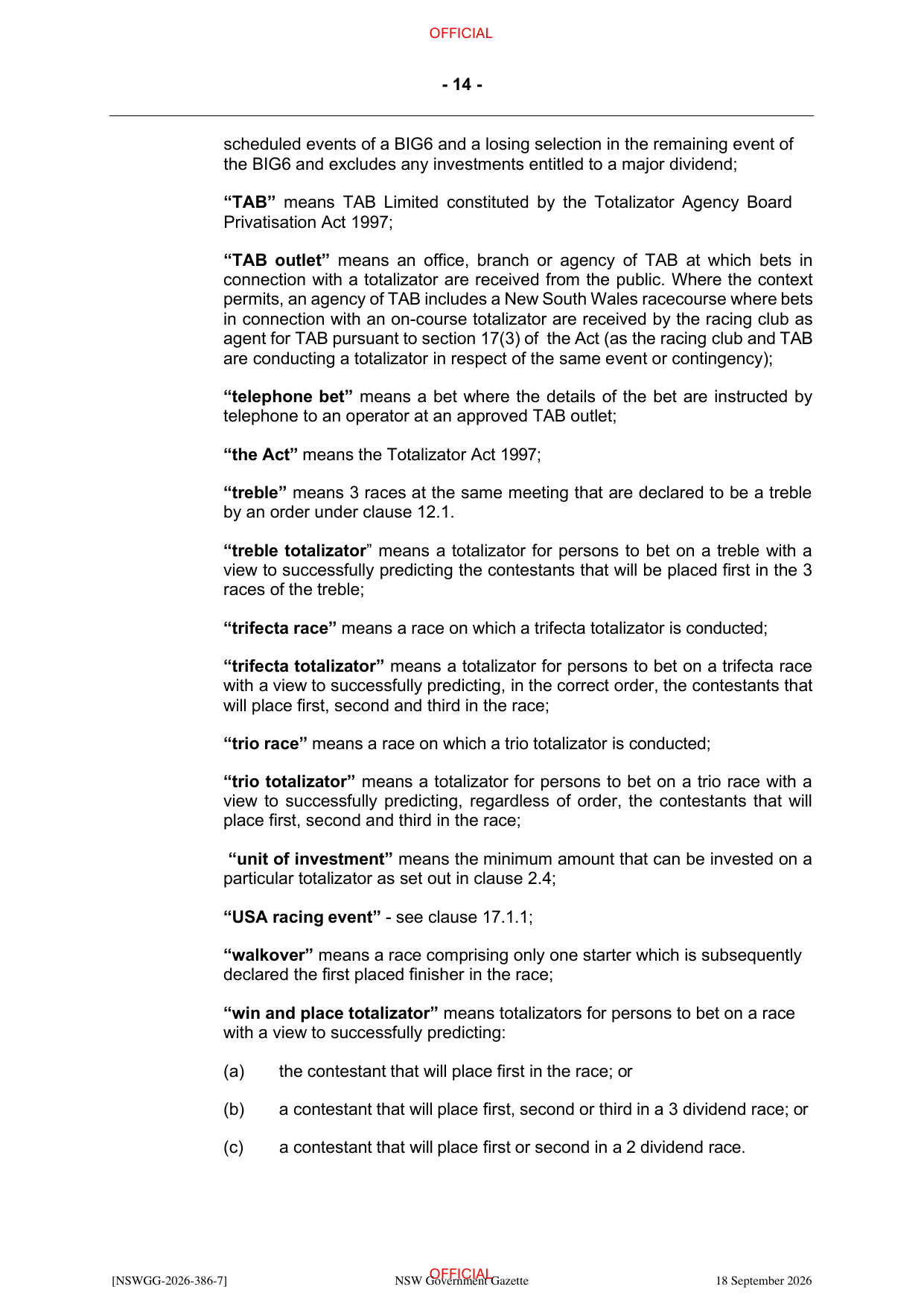 NSW Totalizator Betting Rules (Racing), page 18