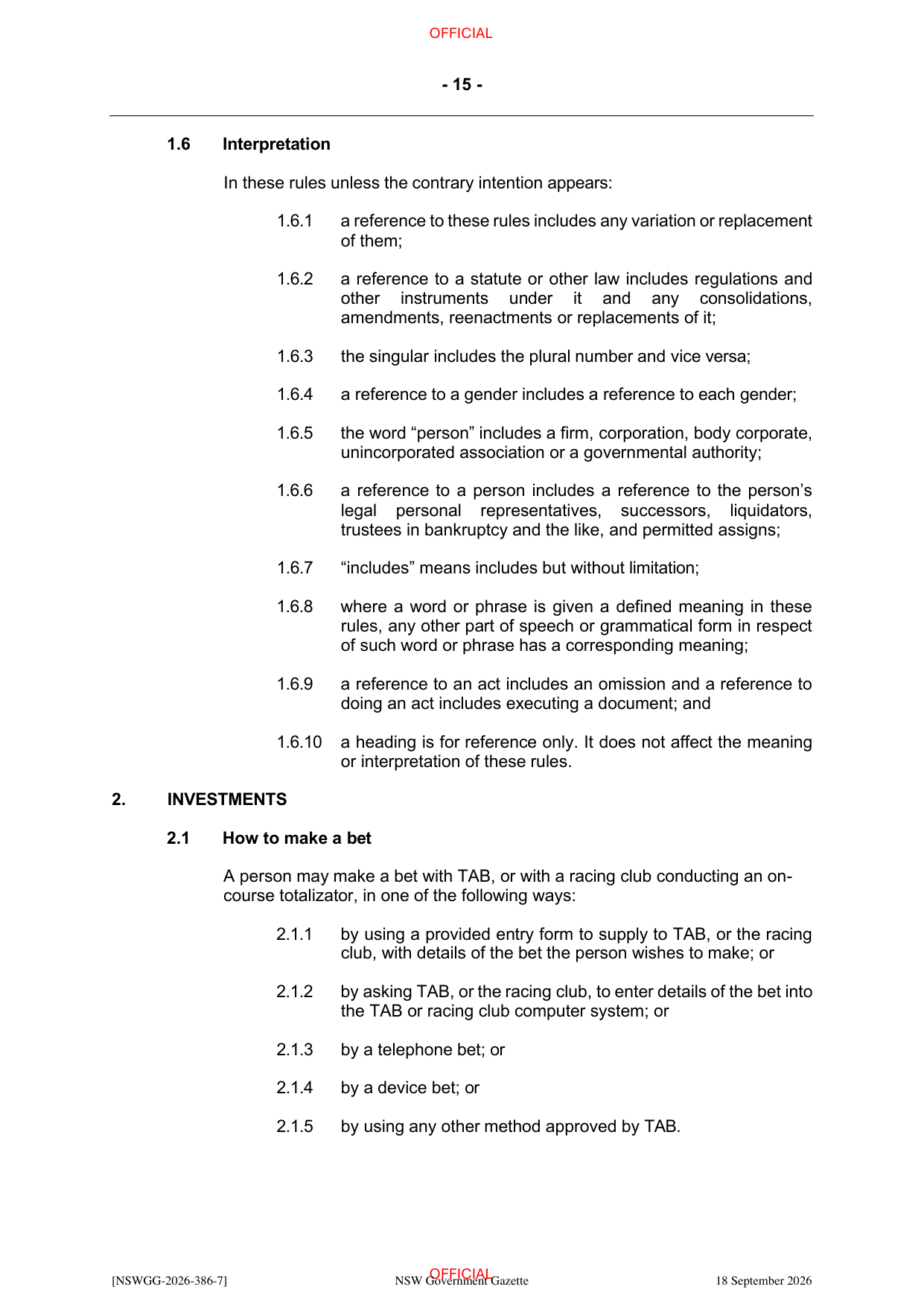 NSW Totalizator Betting Rules (Racing), page 19