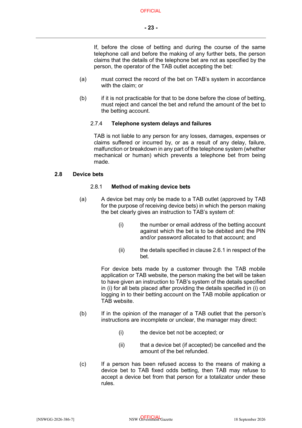 NSW Totalizator Betting Rules (Racing), page 27