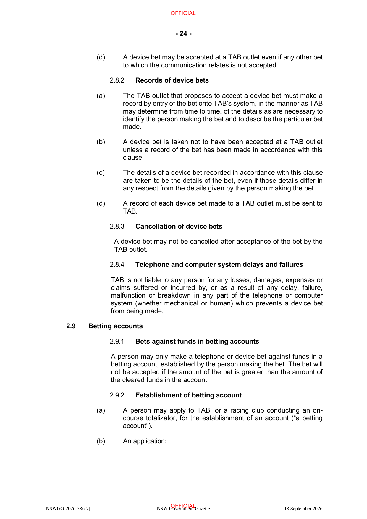 NSW Totalizator Betting Rules (Racing), page 28