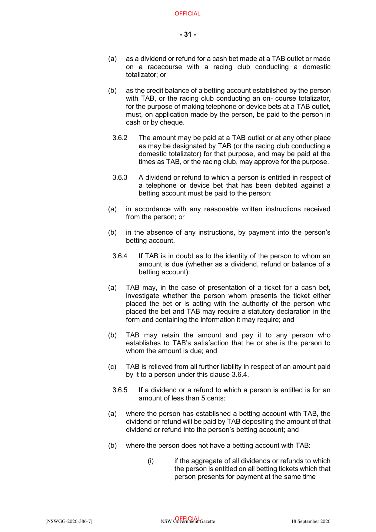 NSW Totalizator Betting Rules (Racing), page 35
