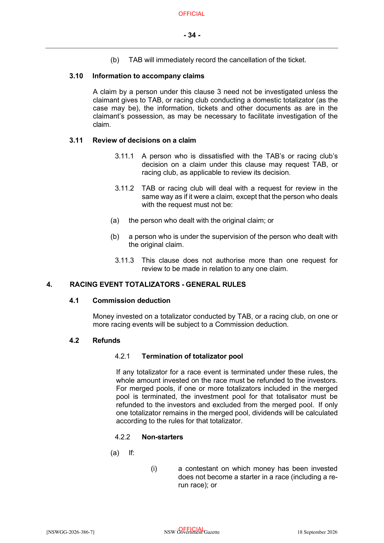 NSW Totalizator Betting Rules (Racing), page 38