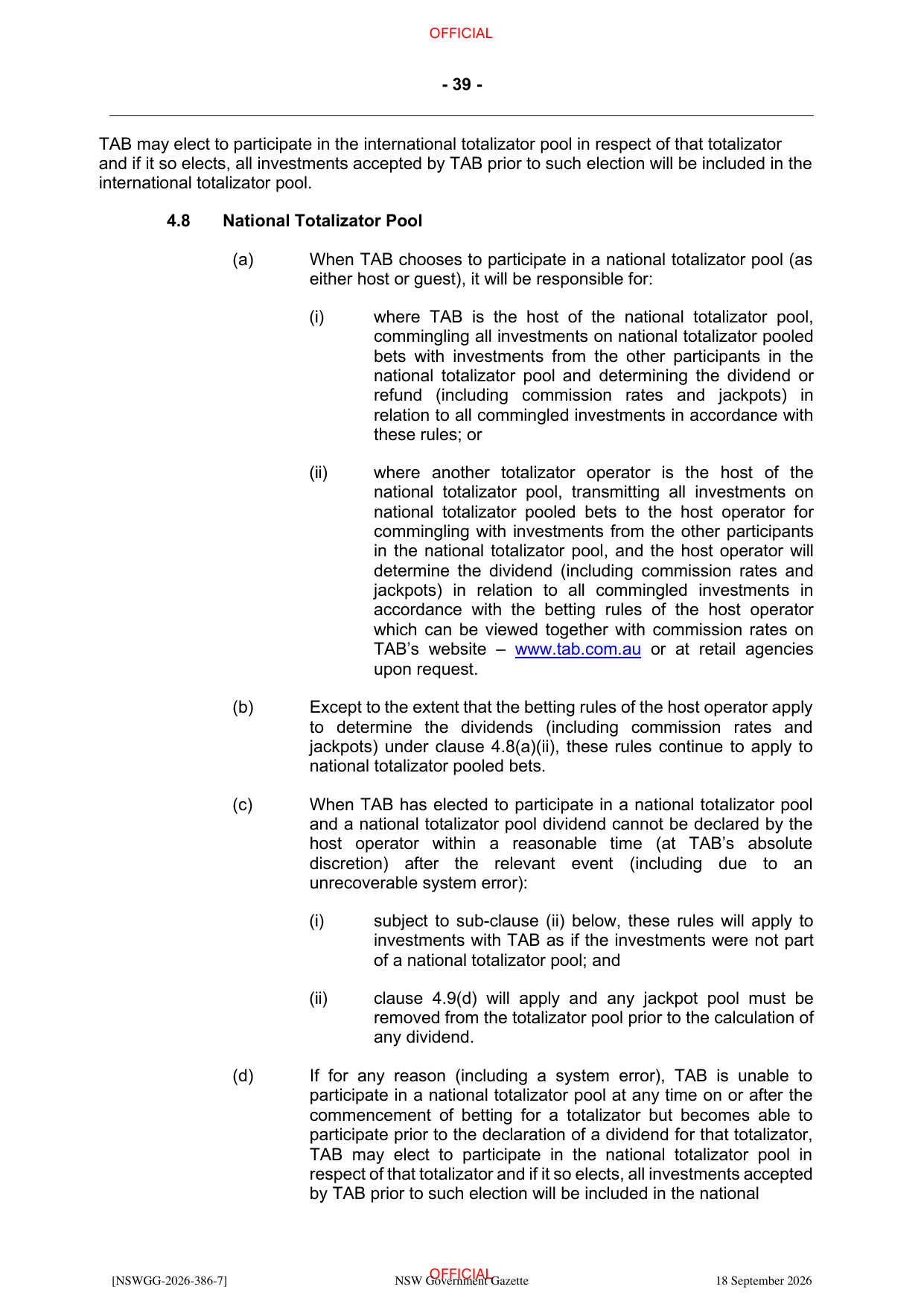 NSW Totalizator Betting Rules (Racing), page 43