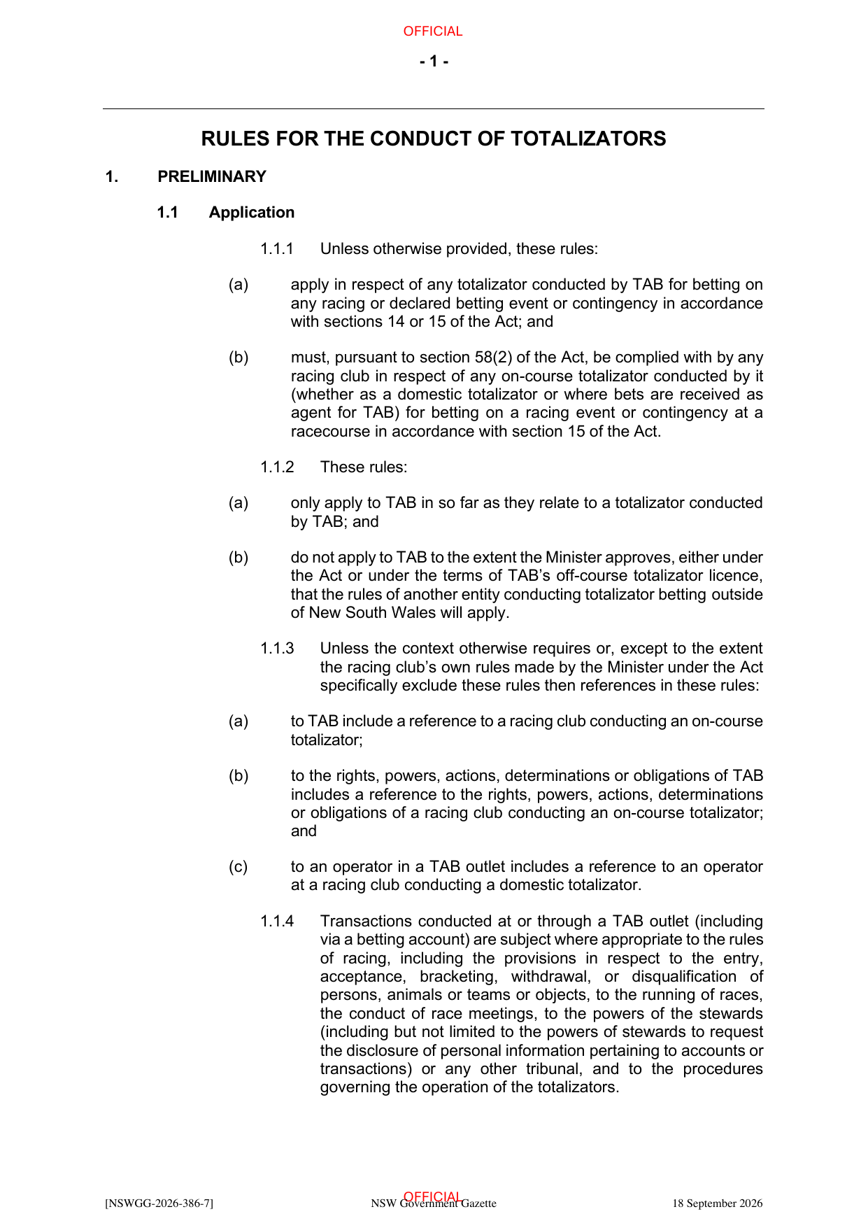 NSW Totalizator Betting Rules (Racing), page 5