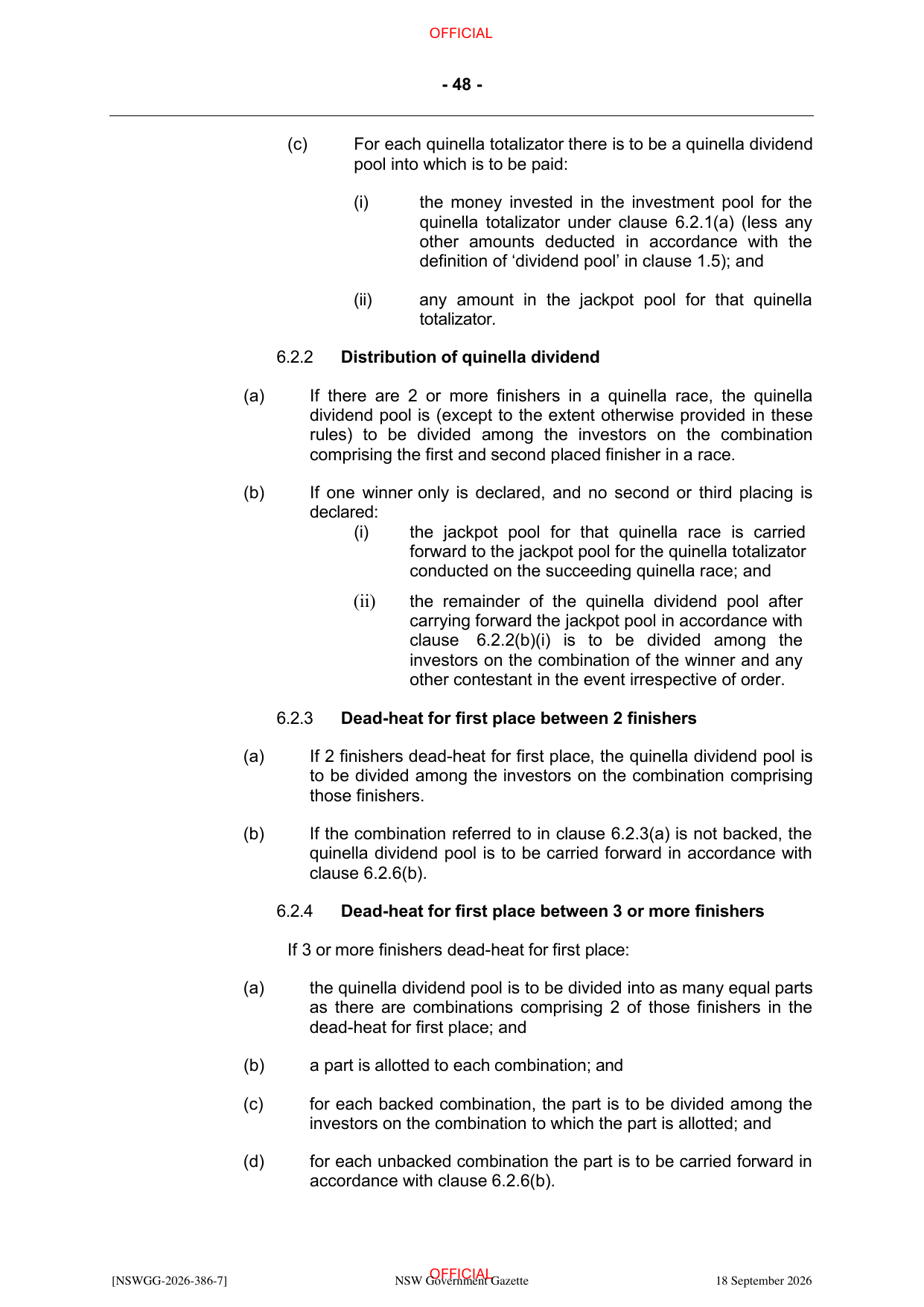 NSW Totalizator Betting Rules (Racing), page 52