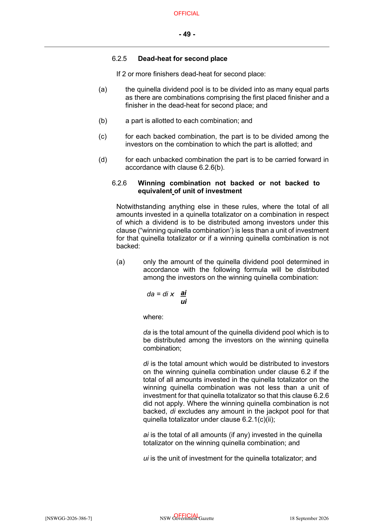 NSW Totalizator Betting Rules (Racing), page 53