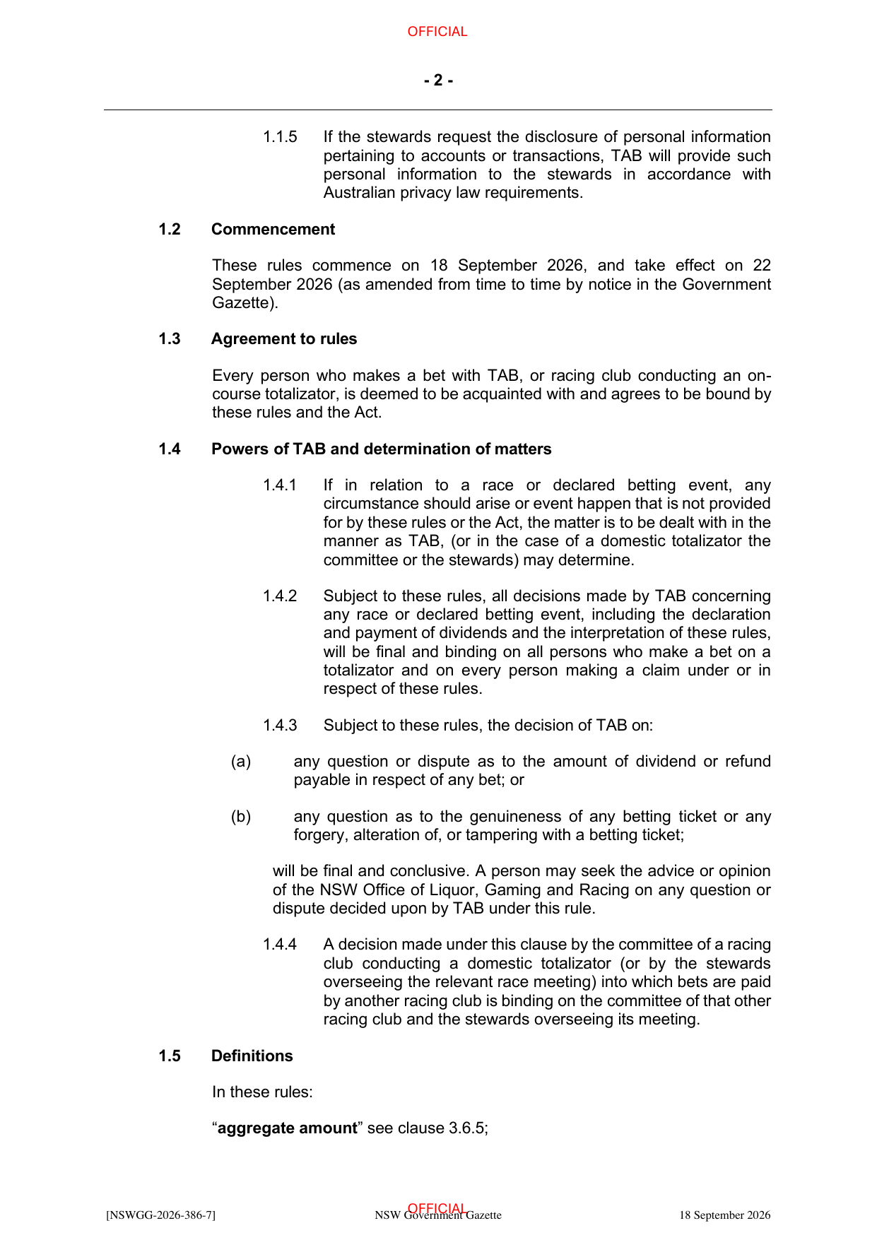 NSW Totalizator Betting Rules (Racing), page 6