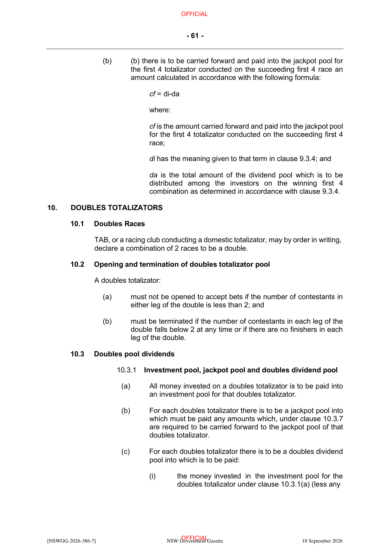 NSW Totalizator Betting Rules (Racing), page 65