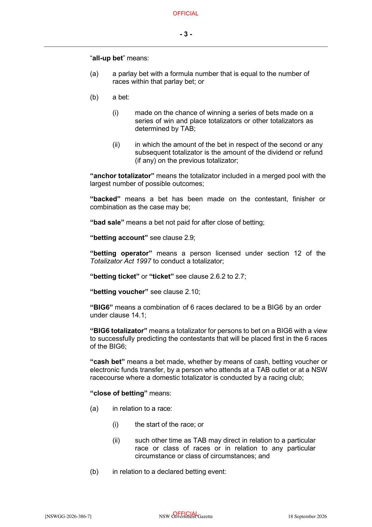 NSW Totalizator Betting Rules (Racing), page 7