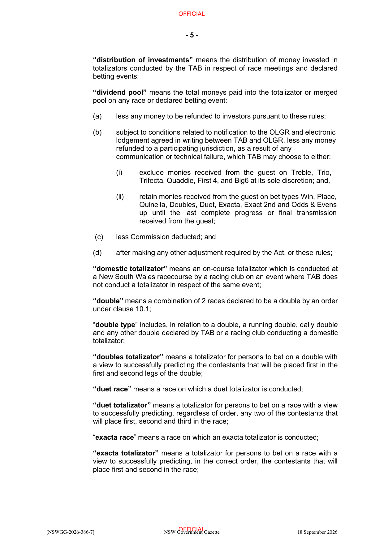 NSW Totalizator Betting Rules (Racing), page 9