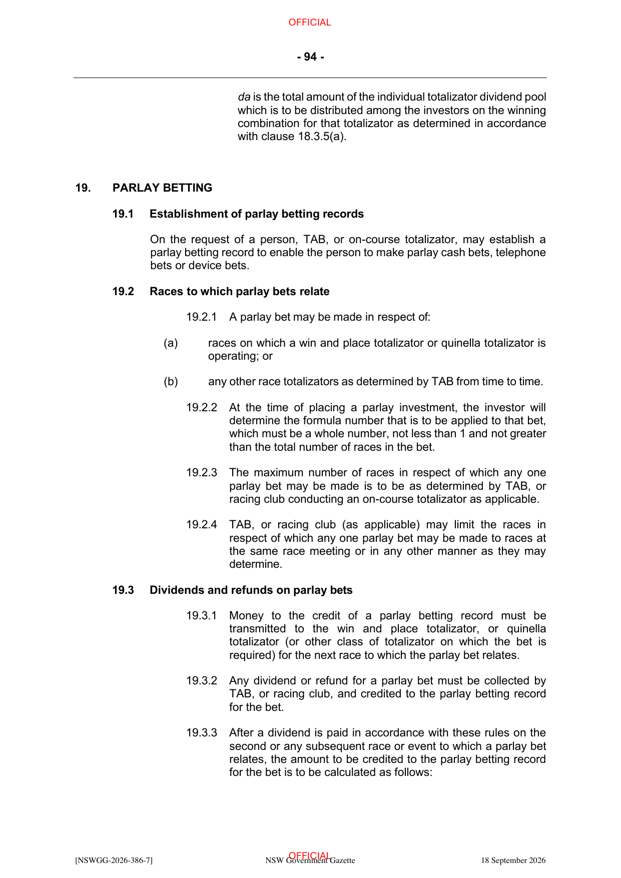 NSW Totalizator Betting Rules (Racing), page 98