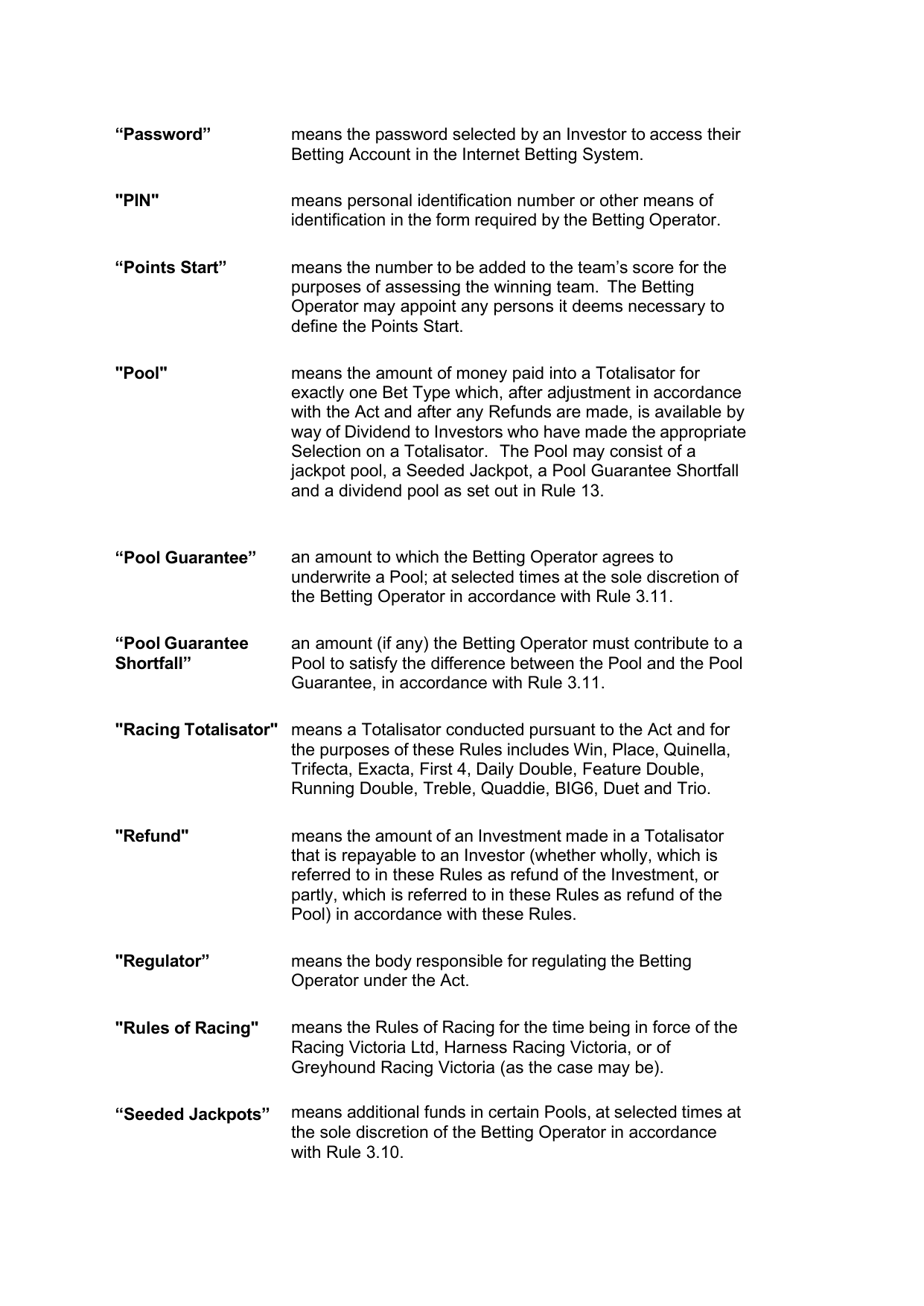 VIC Totalisator Betting Rules (Racing)