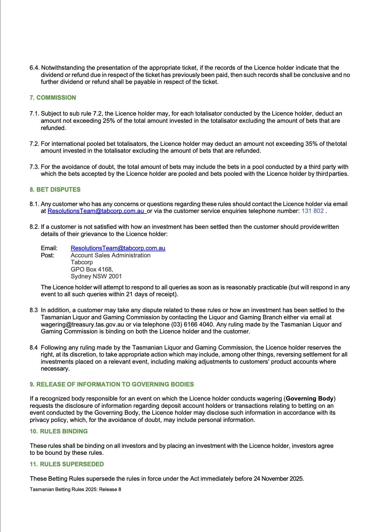 TasmanianBetting Rules (Racing) page 6