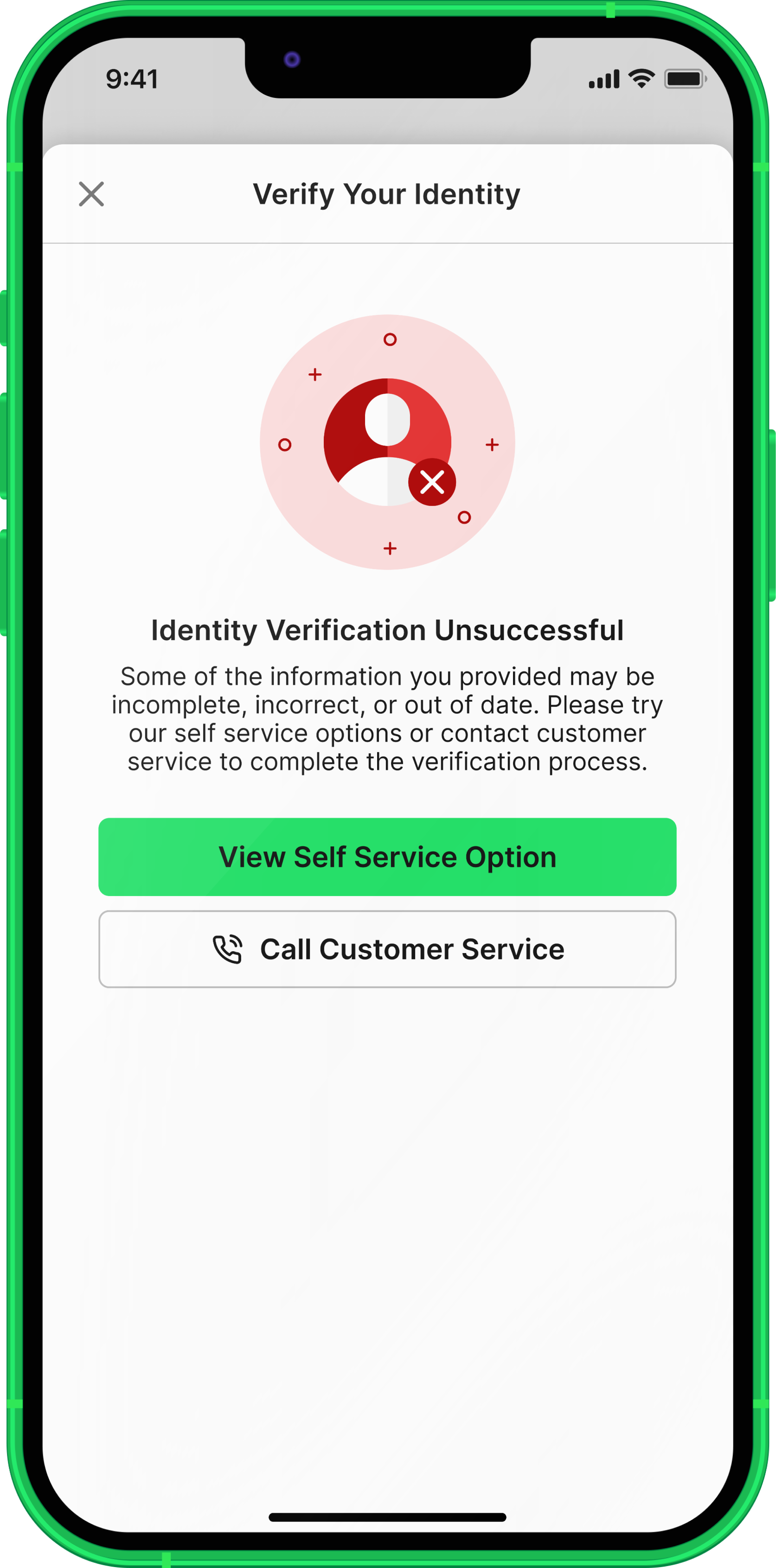 TAB app screen showing verification unsuccessful with options to view self service or call customer service.